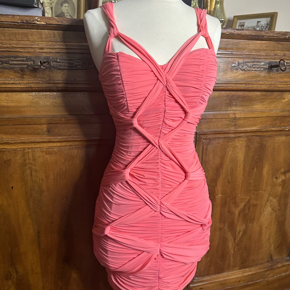 Bebe Pink coral Ruched Bodycon Mini Dress Small 4